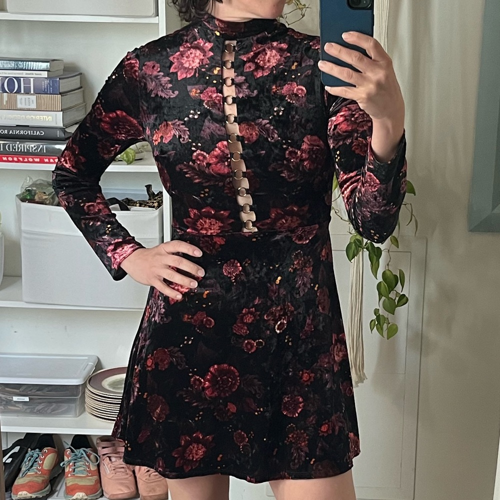 Topshop floral velvet skater peekaboo dress with corset tie